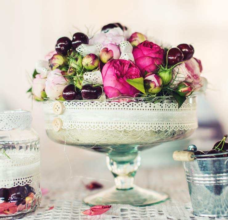 Bowl of flowers and cherries