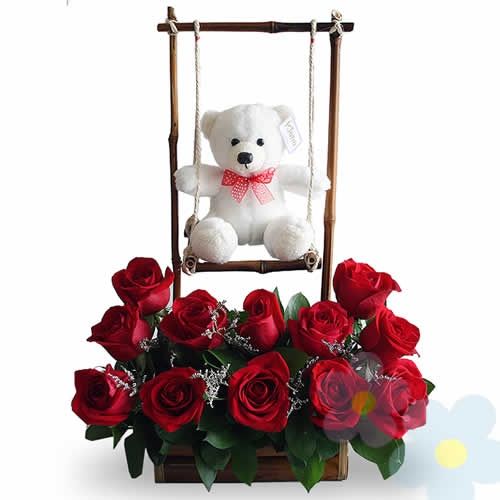 Roses and teddy swing for valentines day